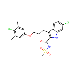 Cc1cc(OCCCc2c(C(=O)NS(C)(=O)=O)[nH]c3cc(Cl)ccc23)cc(C)c1Cl ZINC000222689554