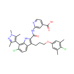 Cc1cc(OCCCc2c(C(=O)Nc3cc(C(=O)O)ccn3)[nH]c3c(-c4c(C)nn(C)c4C)c(Cl)ccc23)cc(C)c1Cl ZINC001772615700