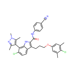 Cc1cc(OCCCc2c(C(=O)Nc3ccc(C#N)cc3)[nH]c3c(-c4c(C)nn(C)c4C)c(Cl)ccc23)cc(C)c1Cl ZINC000653708993