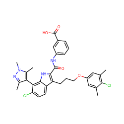 Cc1cc(OCCCc2c(C(=O)Nc3cccc(C(=O)O)c3)[nH]c3c(-c4c(C)nn(C)c4C)c(Cl)ccc23)cc(C)c1Cl ZINC000584904755