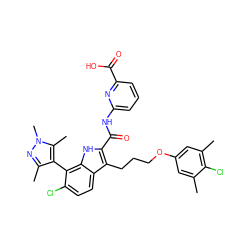 Cc1cc(OCCCc2c(C(=O)Nc3cccc(C(=O)O)n3)[nH]c3c(-c4c(C)nn(C)c4C)c(Cl)ccc23)cc(C)c1Cl ZINC001772653630