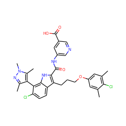 Cc1cc(OCCCc2c(C(=O)Nc3cncc(C(=O)O)c3)[nH]c3c(-c4c(C)nn(C)c4C)c(Cl)ccc23)cc(C)c1Cl ZINC001772577984