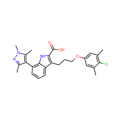 Cc1cc(OCCCc2c(C(=O)O)[nH]c3c(-c4c(C)nn(C)c4C)cccc23)cc(C)c1Cl ZINC001772579243