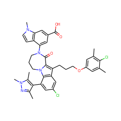 Cc1cc(OCCCc2c3n(c4c(-c5c(C)nn(C)c5C)cc(Cl)cc24)CCCN(c2cc(C(=O)O)cc4c2ccn4C)C3=O)cc(C)c1Cl ZINC001772627827