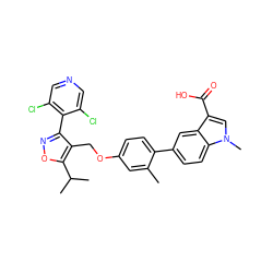 Cc1cc(OCc2c(-c3c(Cl)cncc3Cl)noc2C(C)C)ccc1-c1ccc2c(c1)c(C(=O)O)cn2C ZINC000095573809