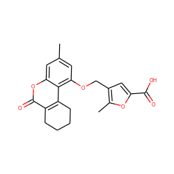 Cc1cc(OCc2cc(C(=O)O)oc2C)c2c3c(c(=O)oc2c1)CCCC3 ZINC000004028275