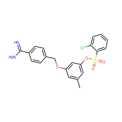 Cc1cc(OCc2ccc(C(=N)N)cc2)cc(OS(=O)(=O)c2ccccc2Cl)c1 ZINC000002009657