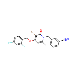 Cc1cc(OCc2ccc(F)cc2F)c(Br)c(=O)n1Cc1cccc(C#N)c1 ZINC000049013944