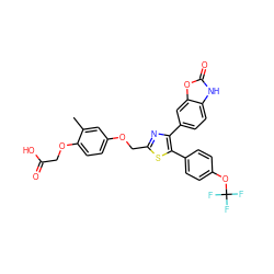 Cc1cc(OCc2nc(-c3ccc4[nH]c(=O)oc4c3)c(-c3ccc(OC(F)(F)F)cc3)s2)ccc1OCC(=O)O ZINC000049775452