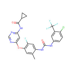 Cc1cc(Oc2cc(NC(=O)C3CC3)ncn2)c(F)cc1NC(=O)Nc1ccc(Cl)c(C(F)(F)F)c1 ZINC000206649865