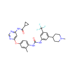 Cc1cc(Oc2cc(NC(=O)C3CC3)ncn2)ccc1NC(=O)Nc1cc(C2CCN(C)CC2)cc(C(F)(F)F)c1 ZINC001772620869