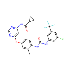 Cc1cc(Oc2cc(NC(=O)C3CC3)ncn2)ccc1NC(=O)Nc1cc(Cl)cc(C(F)(F)F)c1 ZINC001772648376