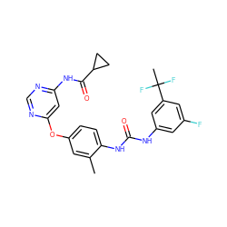 Cc1cc(Oc2cc(NC(=O)C3CC3)ncn2)ccc1NC(=O)Nc1cc(F)cc(C(C)(F)F)c1 ZINC001772620310