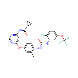 Cc1cc(Oc2cc(NC(=O)C3CC3)ncn2)ccc1NC(=O)Nc1cc(OC(F)(F)F)ccc1F ZINC000206658348