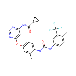 Cc1cc(Oc2cc(NC(=O)C3CC3)ncn2)ccc1NC(=O)Nc1ccc(C)c(C(F)(F)F)c1 ZINC001772656924