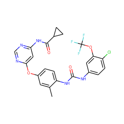 Cc1cc(Oc2cc(NC(=O)C3CC3)ncn2)ccc1NC(=O)Nc1ccc(Cl)c(OC(F)(F)F)c1 ZINC000210364069