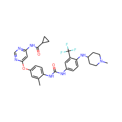 Cc1cc(Oc2cc(NC(=O)C3CC3)ncn2)ccc1NC(=O)Nc1ccc(NC2CCN(C)CC2)c(C(F)(F)F)c1 ZINC001772618923