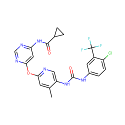 Cc1cc(Oc2cc(NC(=O)C3CC3)ncn2)ncc1NC(=O)Nc1ccc(Cl)c(C(F)(F)F)c1 ZINC001772629378