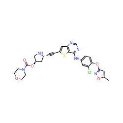 Cc1cc(Oc2ccc(Nc3ncnc4cc(C#C[C@@H]5C[C@@H](OC(=O)N6CCOCC6)CN5)sc34)cc2Cl)no1 ZINC000044387059