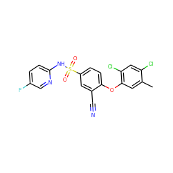 Cc1cc(Oc2ccc(S(=O)(=O)Nc3ccc(F)cn3)cc2C#N)c(Cl)cc1Cl ZINC000473194404