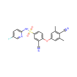 Cc1cc(Oc2ccc(S(=O)(=O)Nc3ccc(F)cn3)cc2C#N)cc(C)c1C#N ZINC000473194484