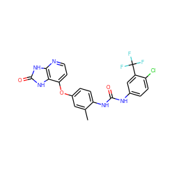 Cc1cc(Oc2ccnc3[nH]c(=O)[nH]c23)ccc1NC(=O)Nc1ccc(Cl)c(C(F)(F)F)c1 ZINC000040424866