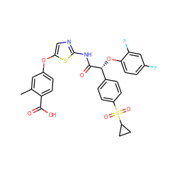 Cc1cc(Oc2cnc(NC(=O)[C@H](Oc3ccc(F)cc3F)c3ccc(S(=O)(=O)C4CC4)cc3)s2)ccc1C(=O)O ZINC000220905025