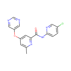 Cc1cc(Oc2cncnc2)cc(C(=O)Nc2ccc(Cl)cn2)n1 ZINC000148278061