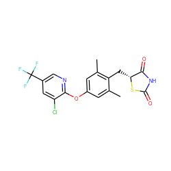 Cc1cc(Oc2ncc(C(F)(F)F)cc2Cl)cc(C)c1C[C@H]1SC(=O)NC1=O ZINC000045365218