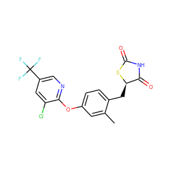 Cc1cc(Oc2ncc(C(F)(F)F)cc2Cl)ccc1C[C@H]1SC(=O)NC1=O ZINC000045389210