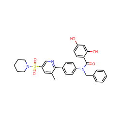 Cc1cc(S(=O)(=O)N2CCCCC2)cnc1-c1ccc(N(Cc2ccccc2)C(=O)c2ccc(O)cc2O)cc1 ZINC000653754910