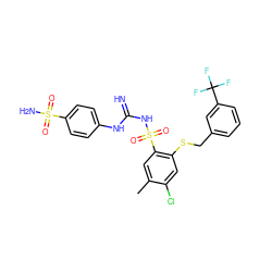 Cc1cc(S(=O)(=O)NC(=N)Nc2ccc(S(N)(=O)=O)cc2)c(SCc2cccc(C(F)(F)F)c2)cc1Cl ZINC000103224406