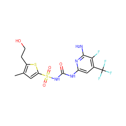 Cc1cc(S(=O)(=O)NC(=O)Nc2cc(C(F)(F)F)c(F)c(N)n2)sc1CCO ZINC000071340506