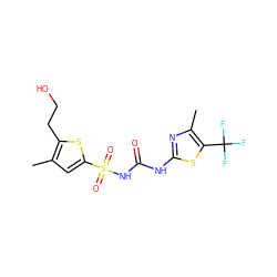 Cc1cc(S(=O)(=O)NC(=O)Nc2nc(C)c(C(F)(F)F)s2)sc1CCO ZINC000045336087