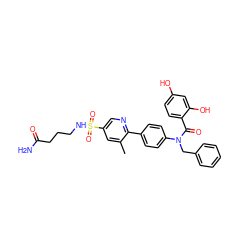 Cc1cc(S(=O)(=O)NCCCC(N)=O)cnc1-c1ccc(N(Cc2ccccc2)C(=O)c2ccc(O)cc2O)cc1 ZINC000653684779