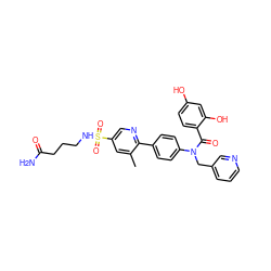 Cc1cc(S(=O)(=O)NCCCC(N)=O)cnc1-c1ccc(N(Cc2cccnc2)C(=O)c2ccc(O)cc2O)cc1 ZINC000653764999