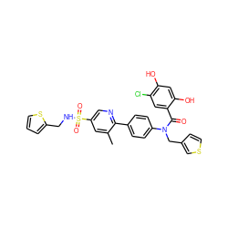 Cc1cc(S(=O)(=O)NCc2cccs2)cnc1-c1ccc(N(Cc2ccsc2)C(=O)c2cc(Cl)c(O)cc2O)cc1 ZINC000653685089