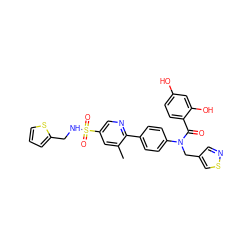 Cc1cc(S(=O)(=O)NCc2cccs2)cnc1-c1ccc(N(Cc2cnsc2)C(=O)c2ccc(O)cc2O)cc1 ZINC000653663045