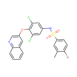 Cc1cc(S(=O)(=O)Nc2cc(Cl)c(Oc3cnc4ccccc4c3)c(Cl)c2)ccc1Br ZINC001772614135