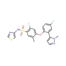 Cc1cc(S(=O)(=O)Nc2cscn2)c(F)cc1Oc1ccc(F)cc1-c1ccnn1C ZINC000095582472