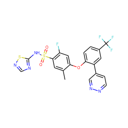 Cc1cc(S(=O)(=O)Nc2ncns2)c(F)cc1Oc1ccc(C(F)(F)F)cc1-c1ccnnc1 ZINC000095585744