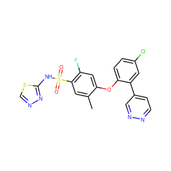 Cc1cc(S(=O)(=O)Nc2nncs2)c(F)cc1Oc1ccc(Cl)cc1-c1ccnnc1 ZINC000095581484