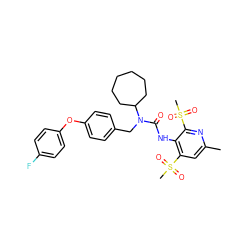 Cc1cc(S(C)(=O)=O)c(NC(=O)N(Cc2ccc(Oc3ccc(F)cc3)cc2)C2CCCCCC2)c(S(C)(=O)=O)n1 ZINC000003970687