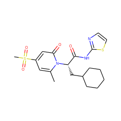 Cc1cc(S(C)(=O)=O)cc(=O)n1[C@@H](CC1CCCCC1)C(=O)Nc1nccs1 ZINC000095604672