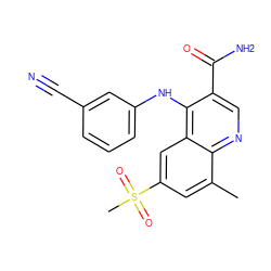 Cc1cc(S(C)(=O)=O)cc2c(Nc3cccc(C#N)c3)c(C(N)=O)cnc12 ZINC000040915412