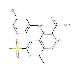 Cc1cc(S(C)(=O)=O)cc2c1NNC(C(N)=O)=C2Nc1cncc(Cl)c1 ZINC000045352535