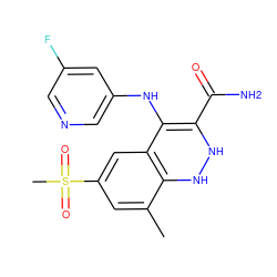 Cc1cc(S(C)(=O)=O)cc2c1NNC(C(N)=O)=C2Nc1cncc(F)c1 ZINC000045349245