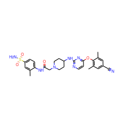 Cc1cc(S(N)(=O)=O)ccc1NC(=O)CN1CCC(Nc2nccc(Oc3c(C)cc(C#N)cc3C)n2)CC1 ZINC000299850174