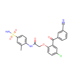 Cc1cc(S(N)(=O)=O)ccc1NC(=O)COc1ccc(Cl)cc1C(=O)c1cccc(C#N)c1 ZINC000003937837