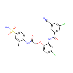 Cc1cc(S(N)(=O)=O)ccc1NC(=O)COc1ccc(Cl)cc1NC(=O)c1cc(Cl)cc(C#N)c1 ZINC000095577776